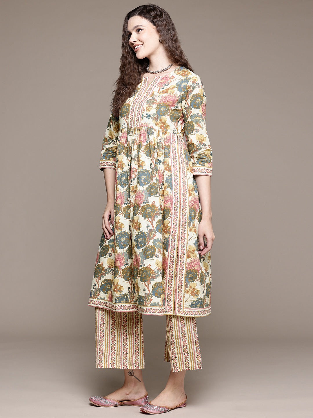 Flared Style Cotton Fabric Multi Color Kurta With Bottom