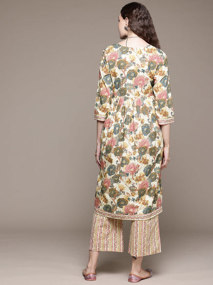 Flared Style Cotton Fabric Multi Color Kurta With Bottom