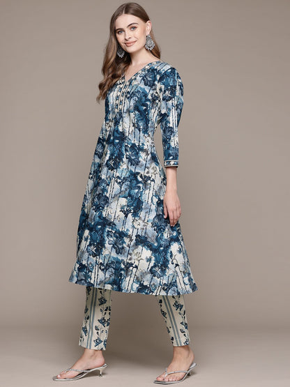A Line Style Cotton Fabric Blue Color Kurta With Bottom