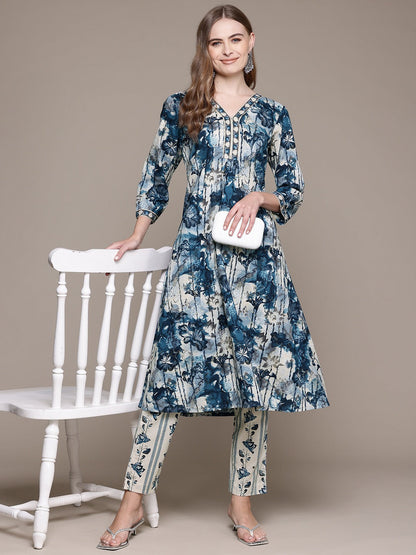 A Line Style Cotton Fabric Blue Color Kurta With Bottom