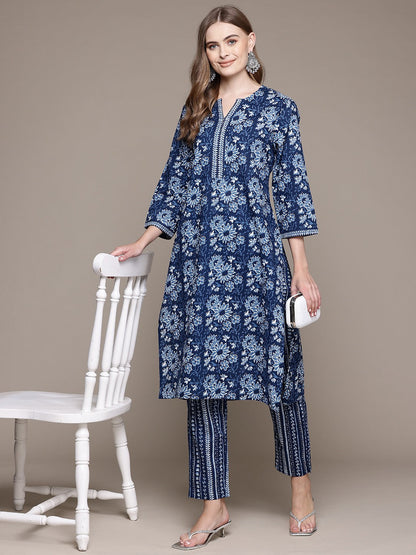 Straight Style Cotton Fabric Blue Color Kurta With Bottom