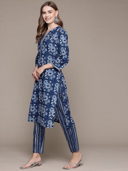 Straight Style Cotton Fabric Blue Color Kurta With Bottom