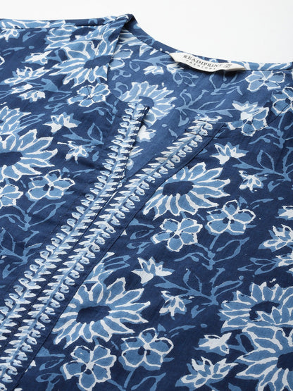 Straight Style Cotton Fabric Blue Color Kurta With Bottom
