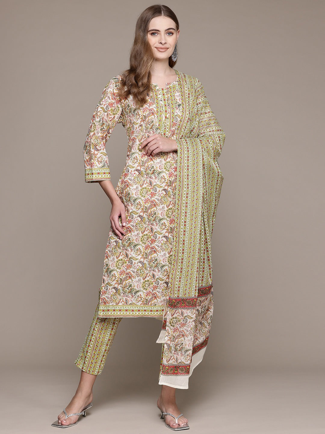 Straight Style Cotton Fabric Green Color Kurta With Bottom And Dupatta