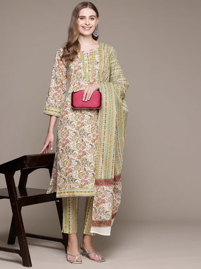 Straight Style Cotton Fabric Green Color Kurta With Bottom And Dupatta