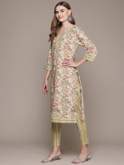 Straight Style Cotton Fabric Green Color Kurta With Bottom And Dupatta