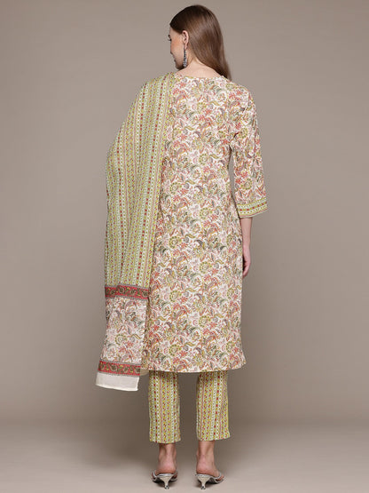 Straight Style Cotton Fabric Green Color Kurta With Bottom And Dupatta