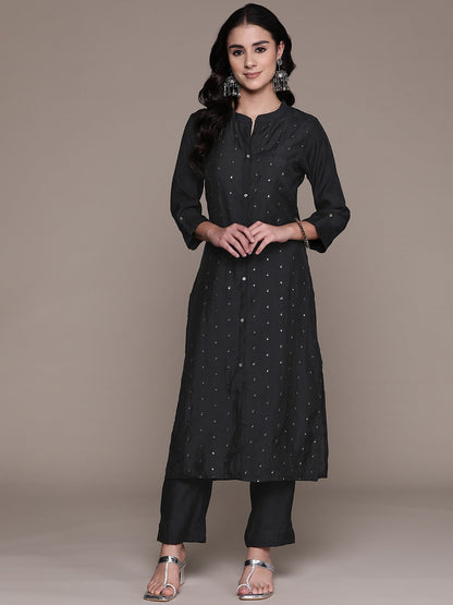 Straight Style Silk Fabric Black Color Kurta And Bottom