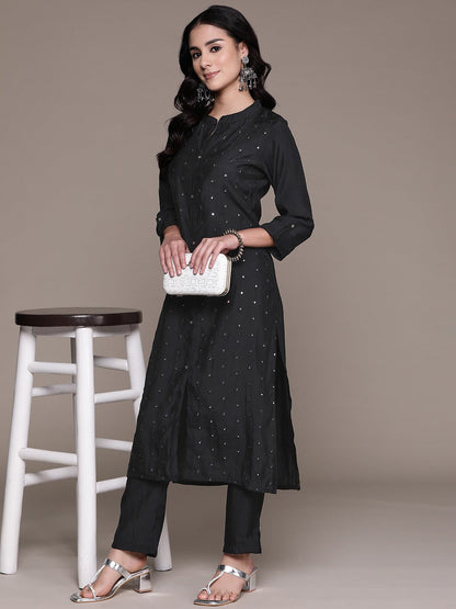 Straight Style Silk Fabric Black Color Kurta And Bottom