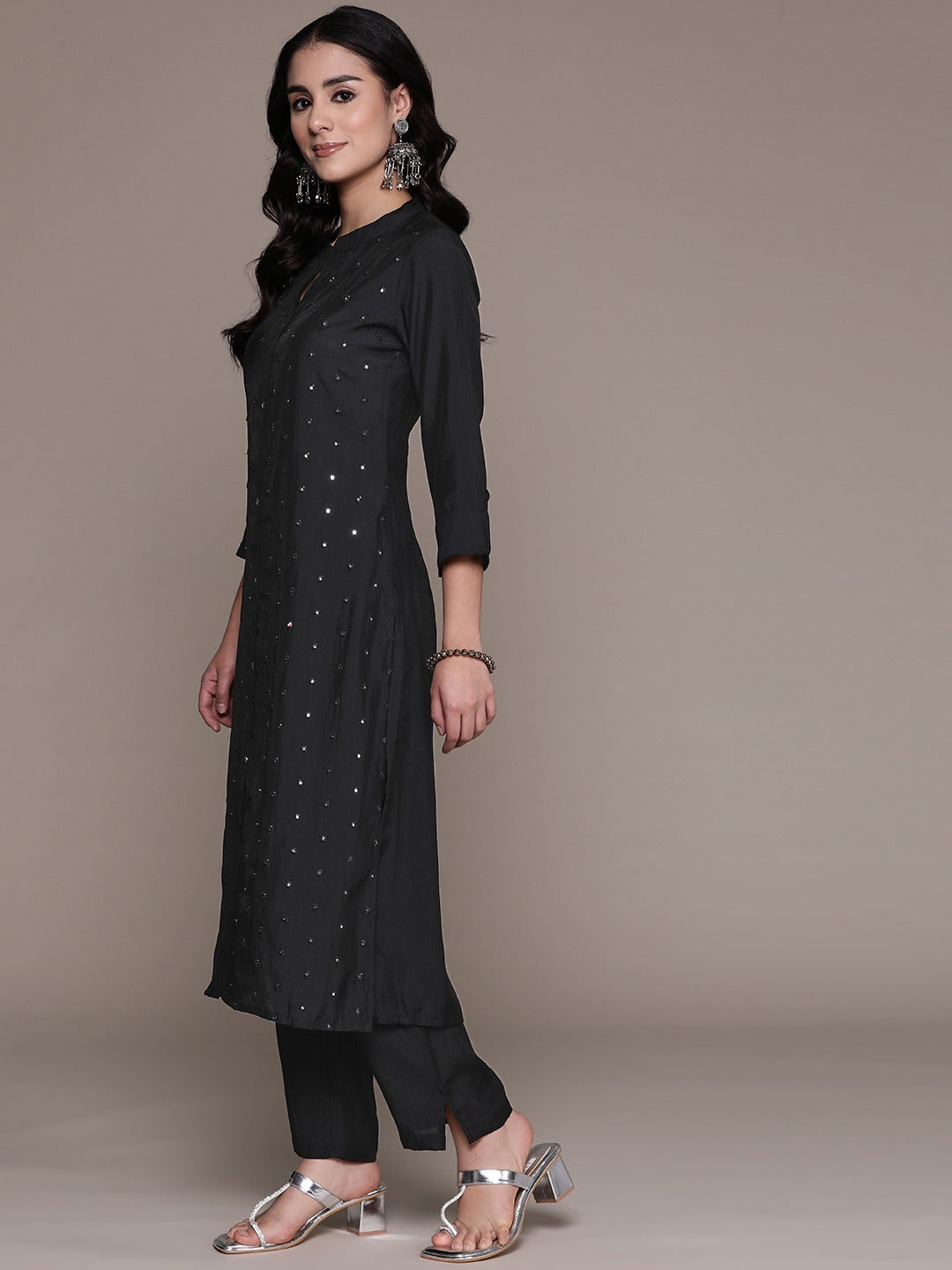 Straight Style Silk Fabric Black Color Kurta And Bottom