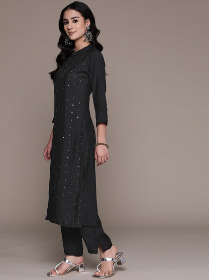 Straight Style Silk Fabric Black Color Kurta And Bottom