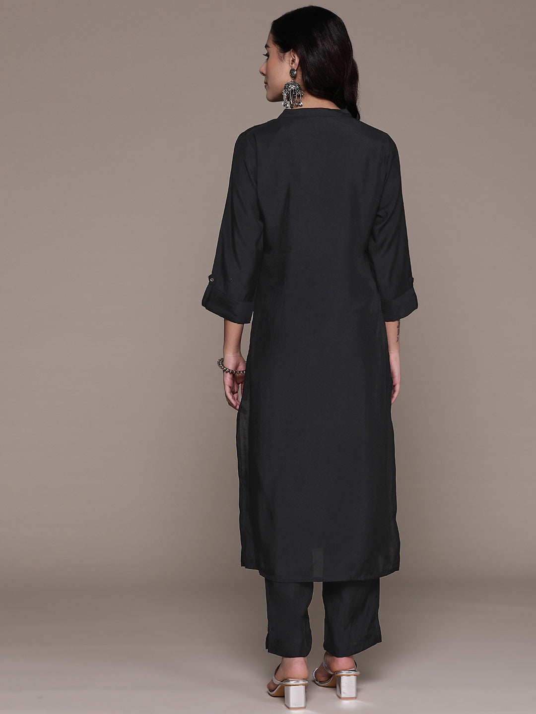 Straight Style Silk Fabric Black Color Kurta And Bottom