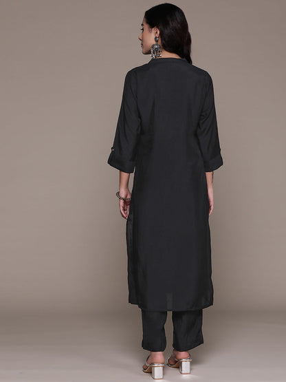 Straight Style Silk Fabric Black Color Kurta And Bottom