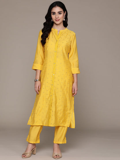 Straight Style Silk Fabric Yellow Color Kurta And Bottom