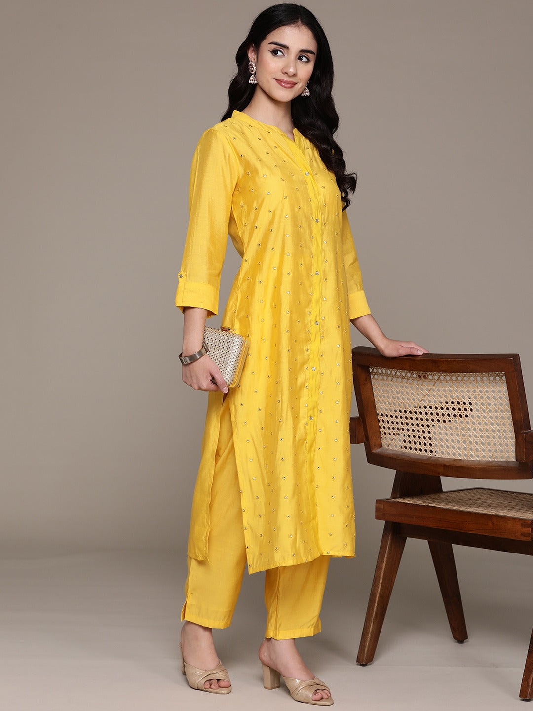 Straight Style Silk Fabric Yellow Color Kurta And Bottom