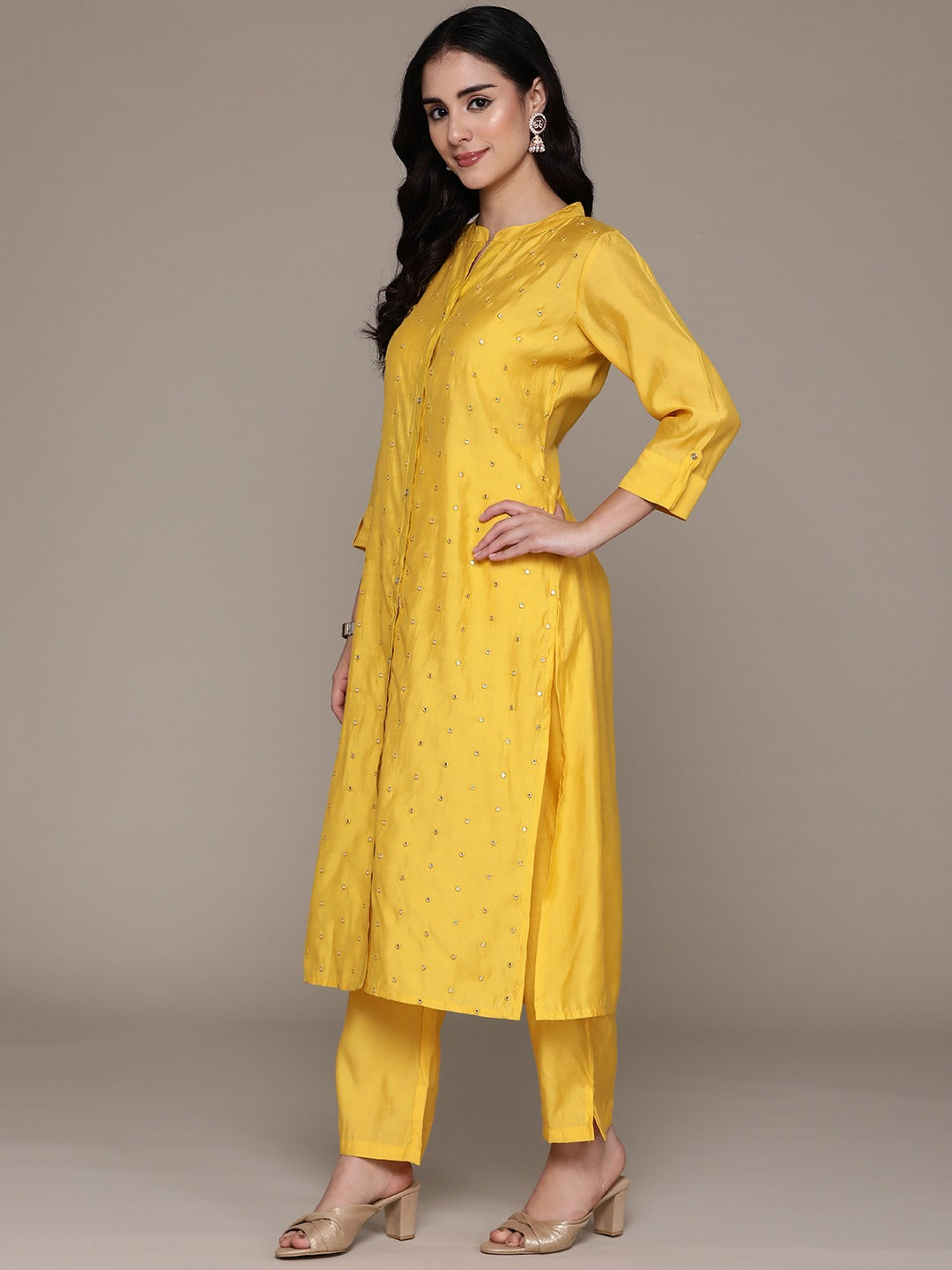 Straight Style Silk Fabric Yellow Color Kurta And Bottom
