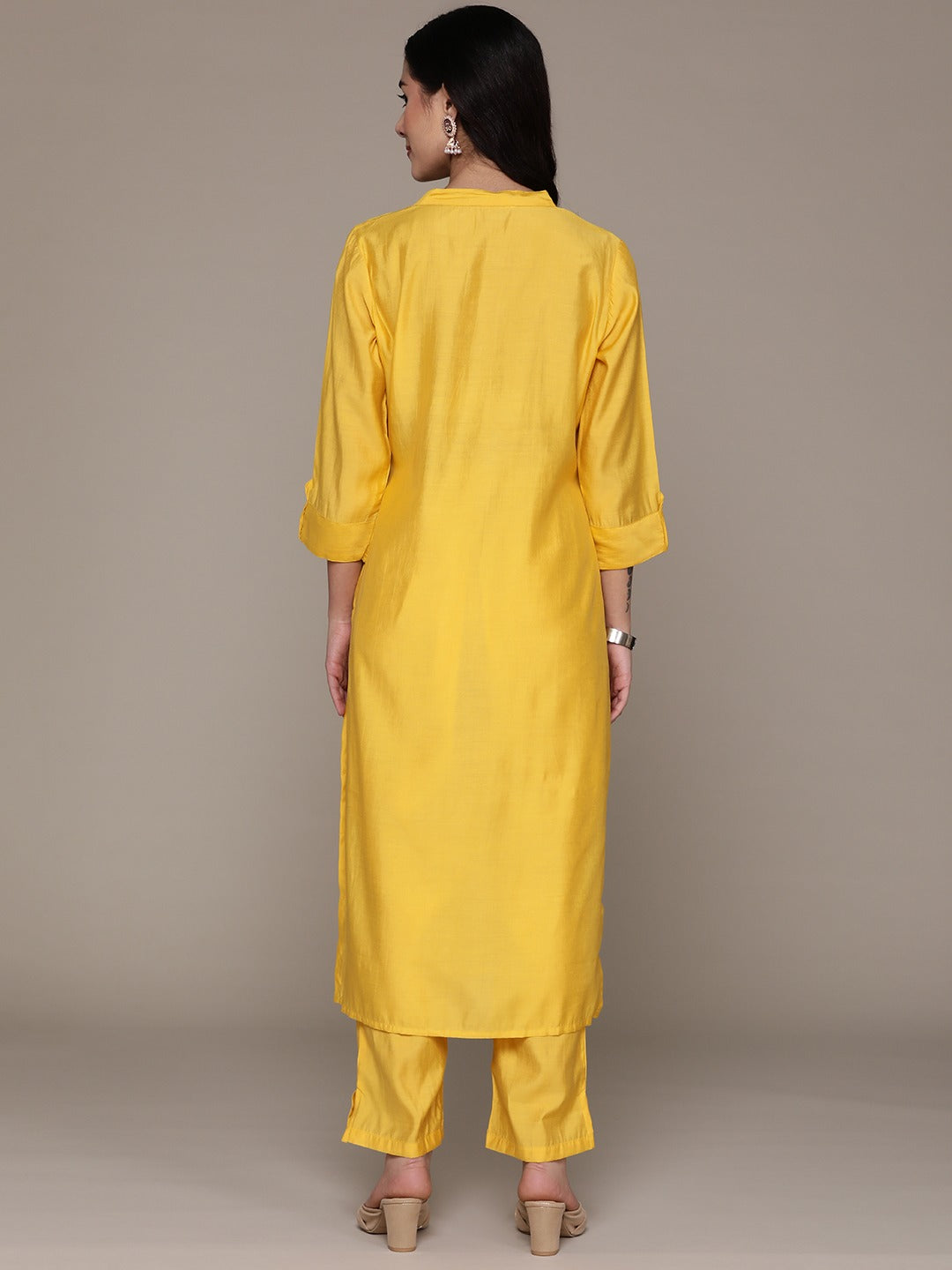 Straight Style Silk Fabric Yellow Color Kurta And Bottom