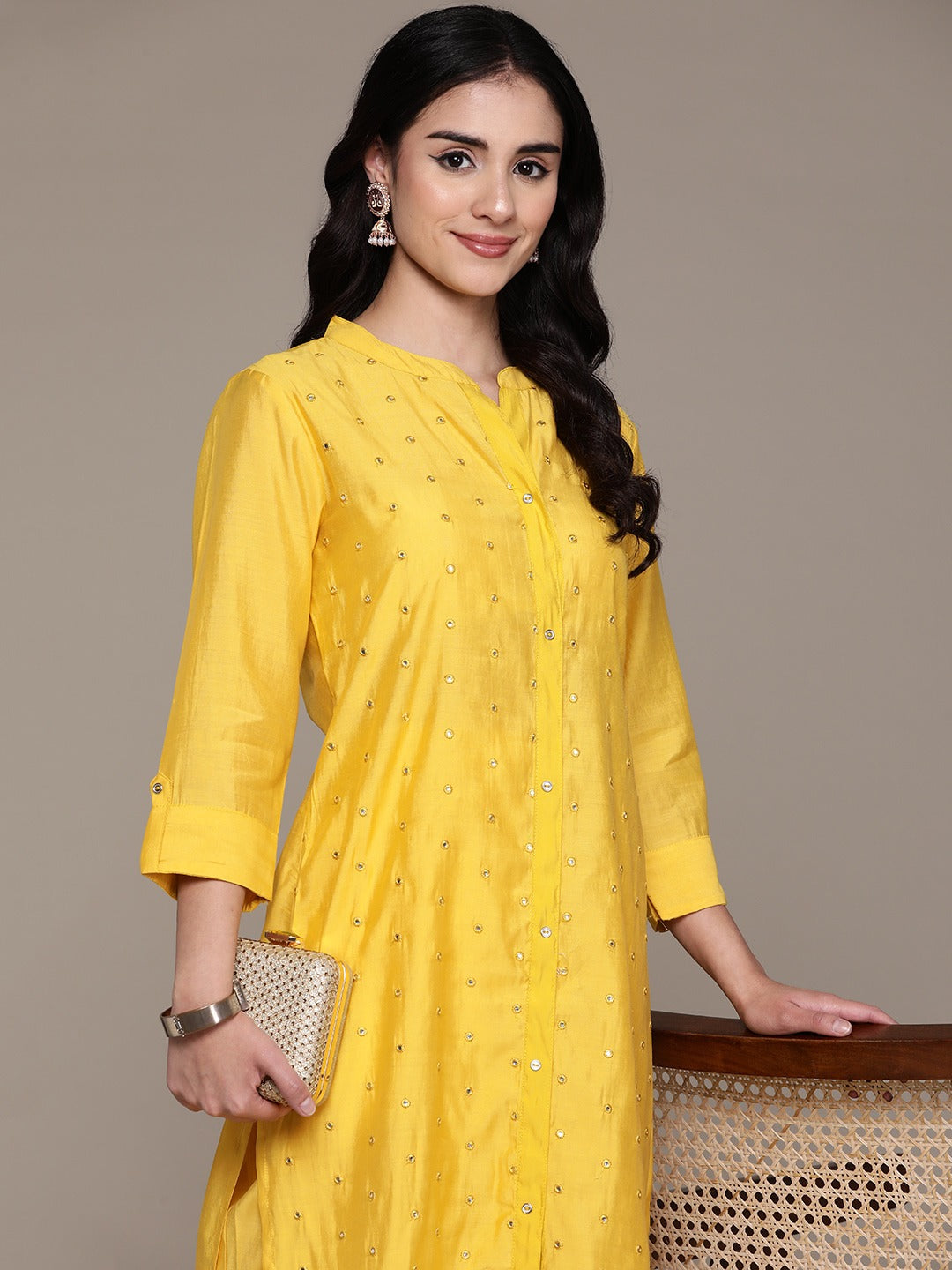Straight Style Silk Fabric Yellow Color Kurta And Bottom
