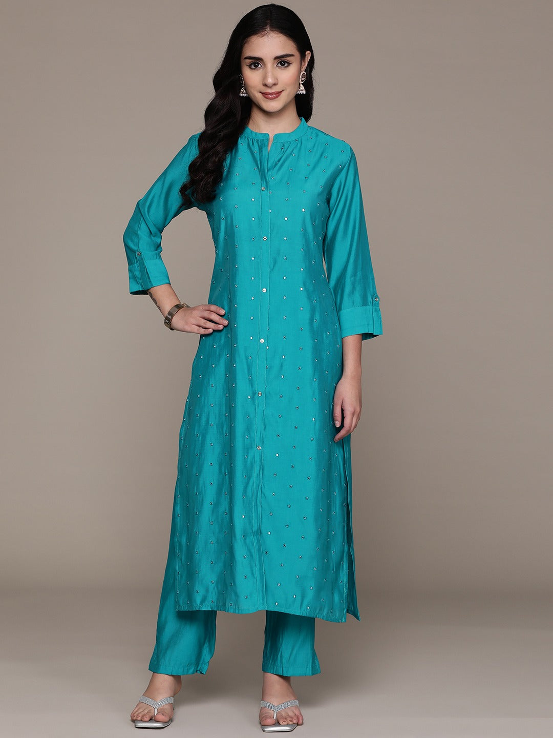 Straight Style Silk Fabric Blue Color Kurta And Bottom