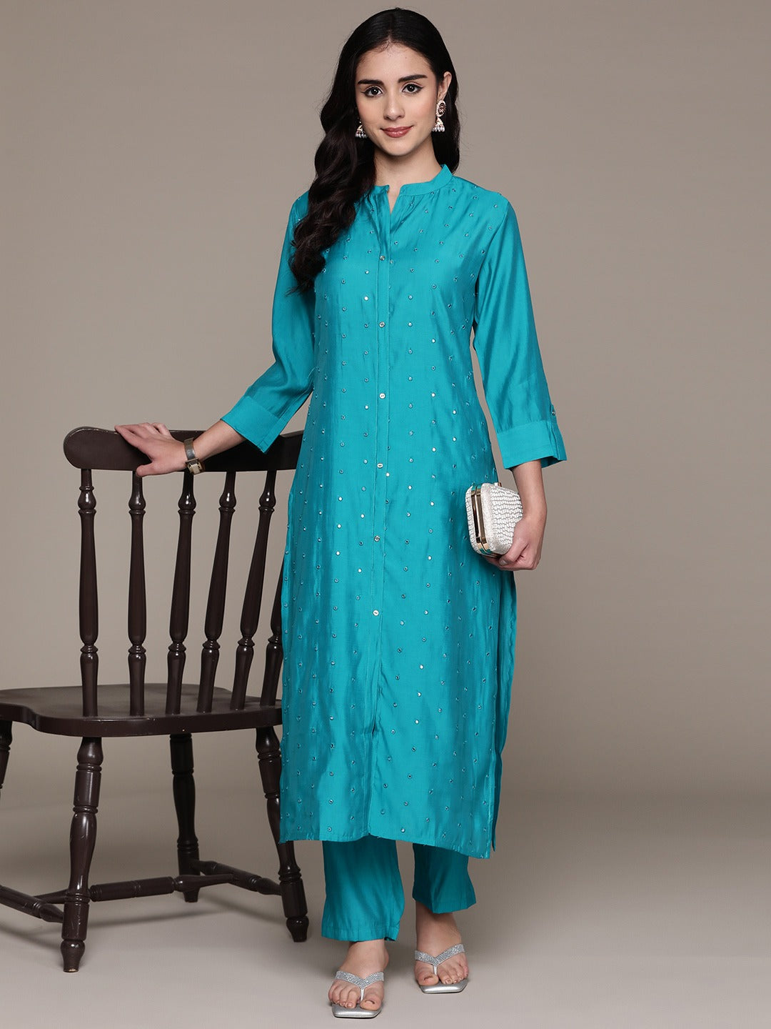 Straight Style Silk Fabric Blue Color Kurta And Bottom
