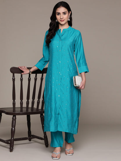 Straight Style Silk Fabric Blue Color Kurta And Bottom
