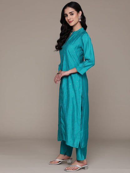 Straight Style Silk Fabric Blue Color Kurta And Bottom
