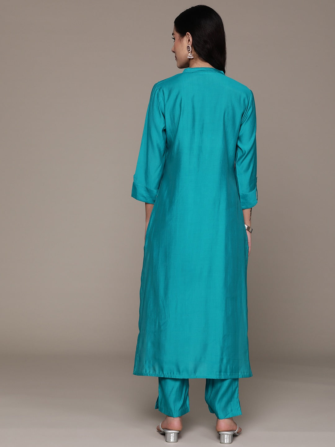 Straight Style Silk Fabric Blue Color Kurta And Bottom