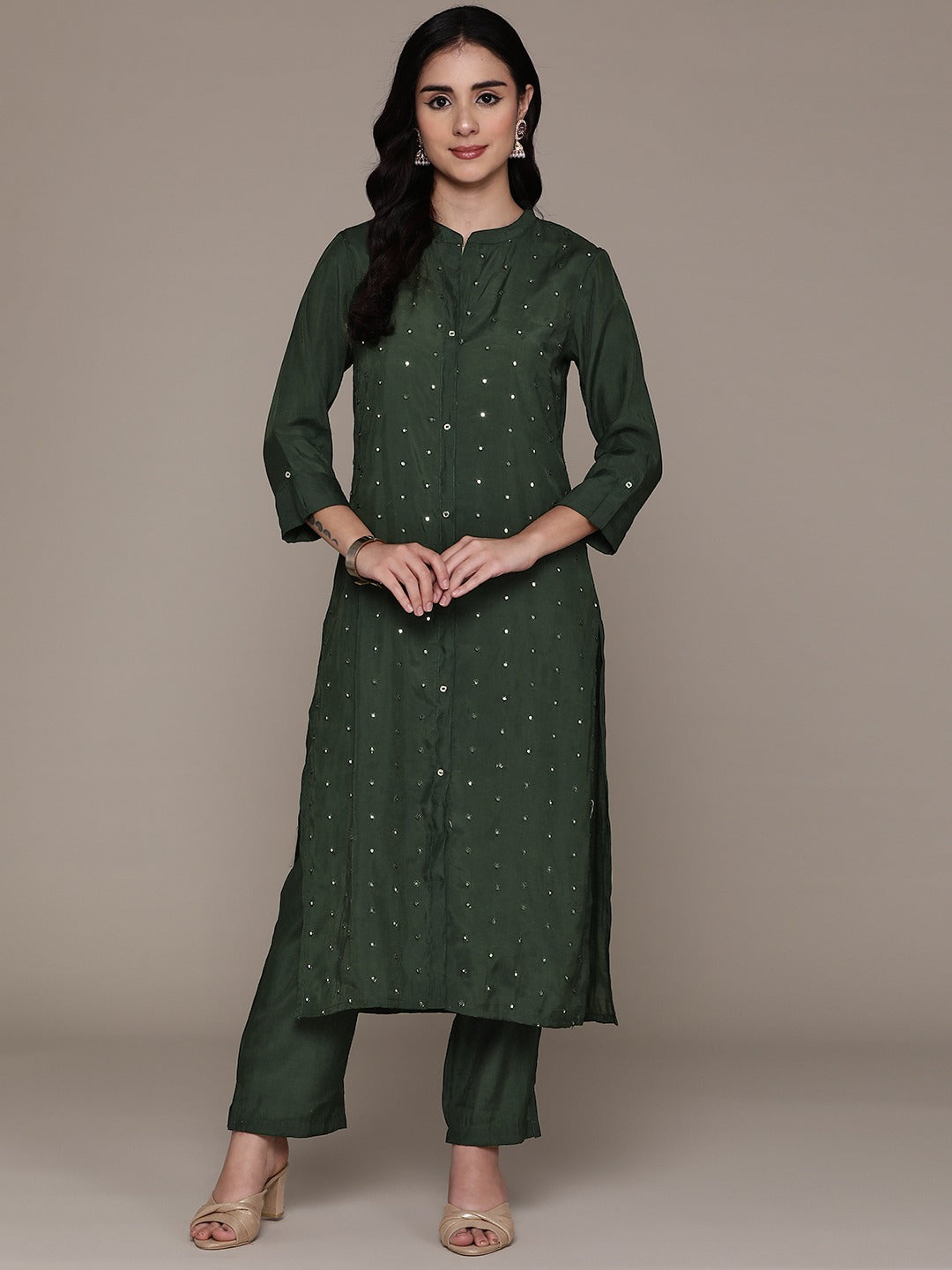 Straight Style Silk Fabric Green Color Kurta And Bottom