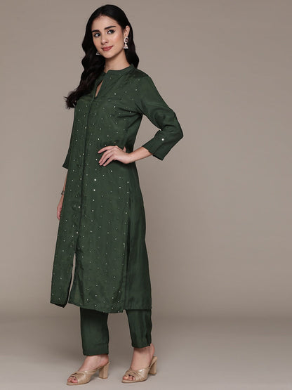 Straight Style Silk Fabric Green Color Kurta And Bottom