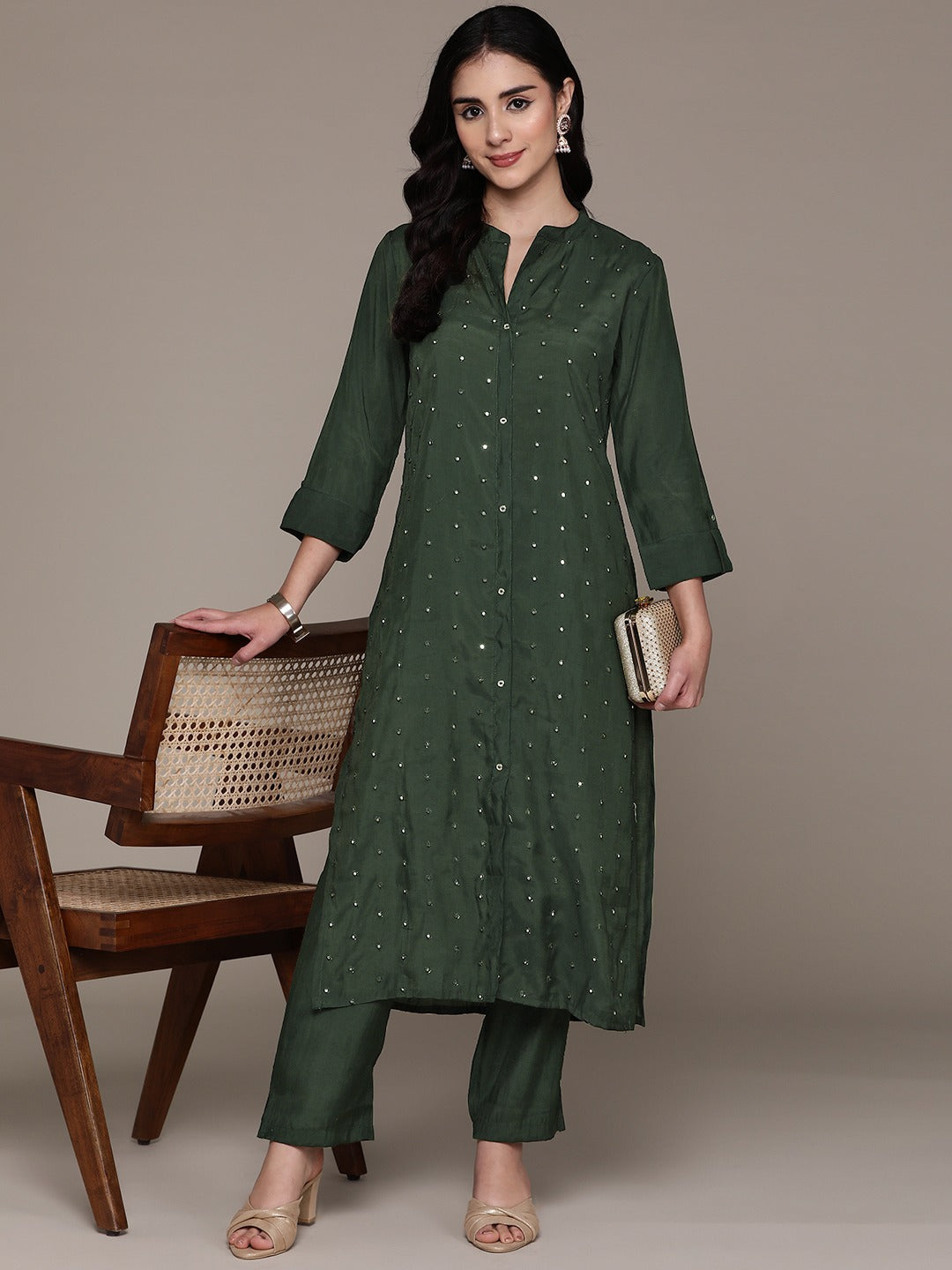 Straight Style Silk Fabric Green Color Kurta And Bottom