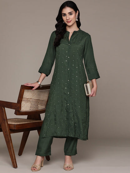 Straight Style Silk Fabric Green Color Kurta And Bottom