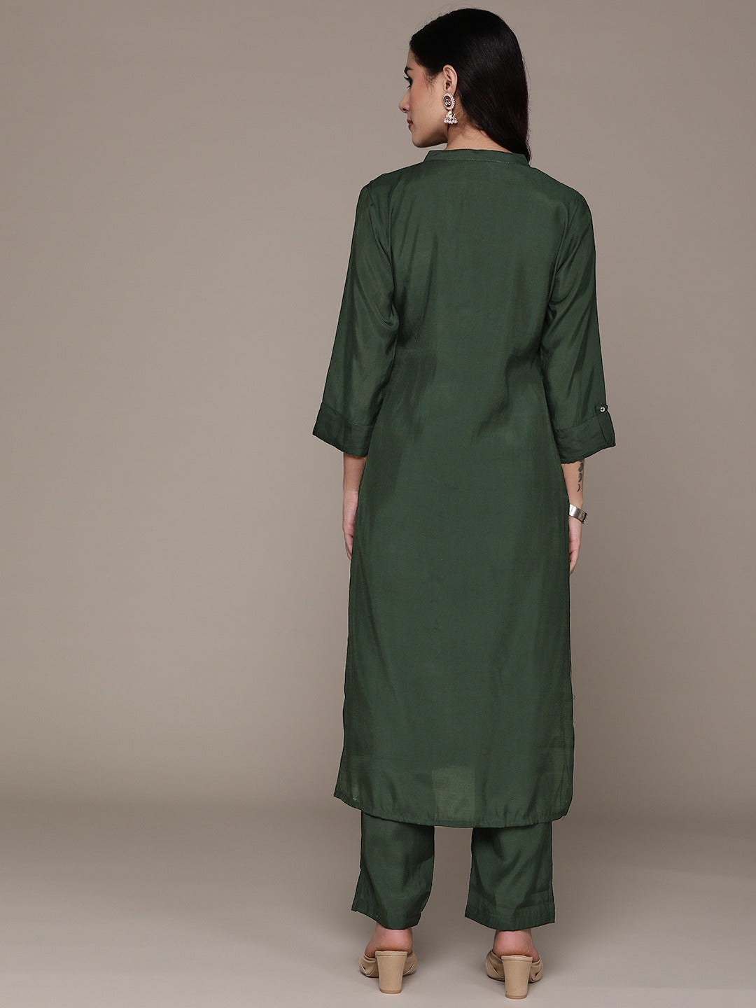 Straight Style Silk Fabric Green Color Kurta And Bottom