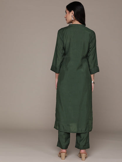 Straight Style Silk Fabric Green Color Kurta And Bottom