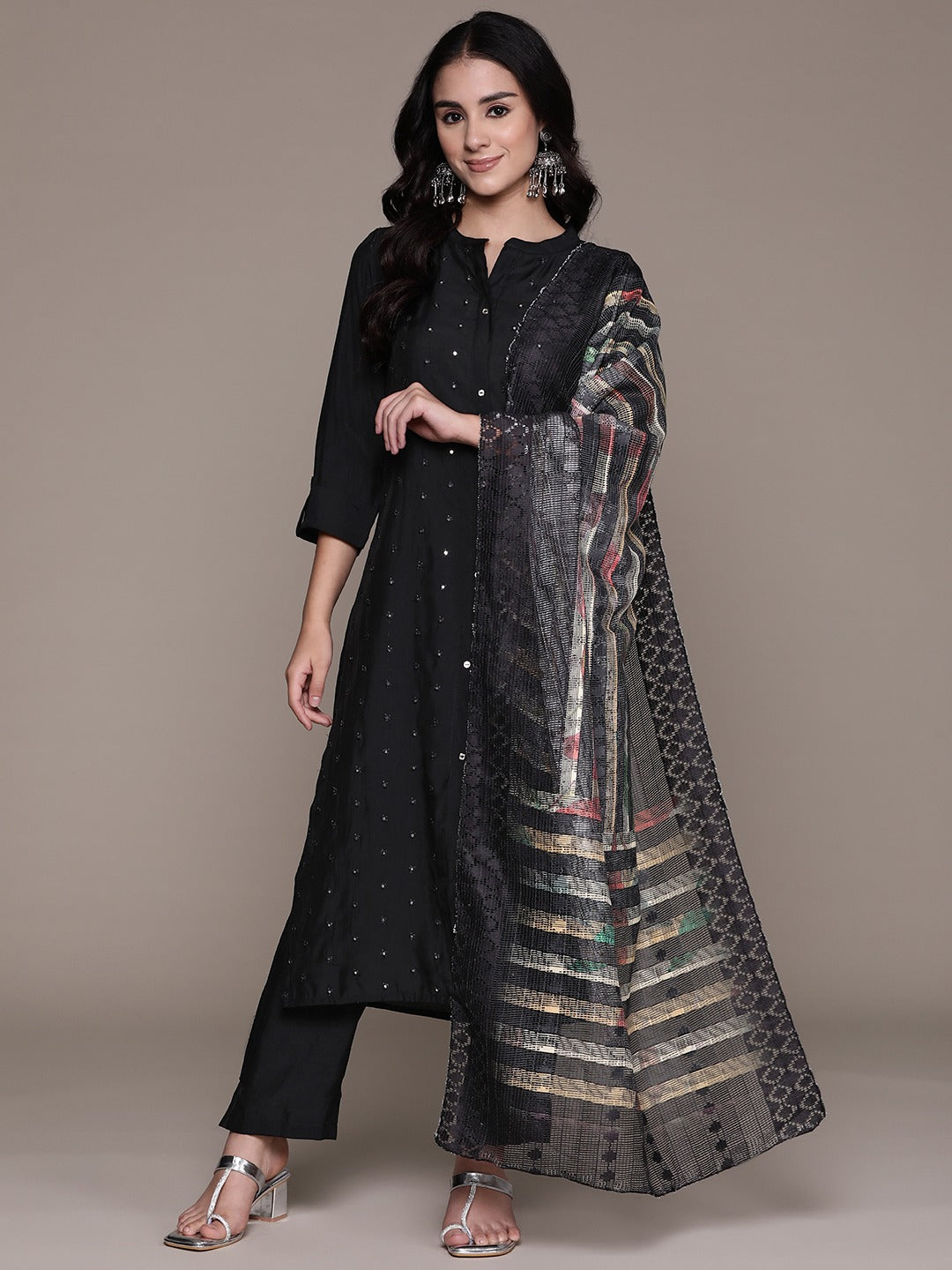 Straight Style Silk Fabric Black Color Kurta With Bottom And Dupatta