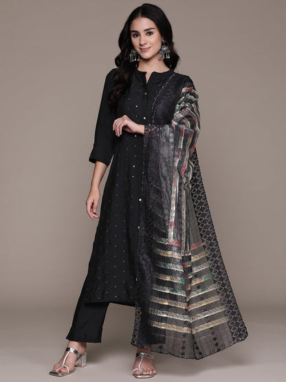 Straight Style Silk Fabric Black Color Kurta With Bottom And Dupatta