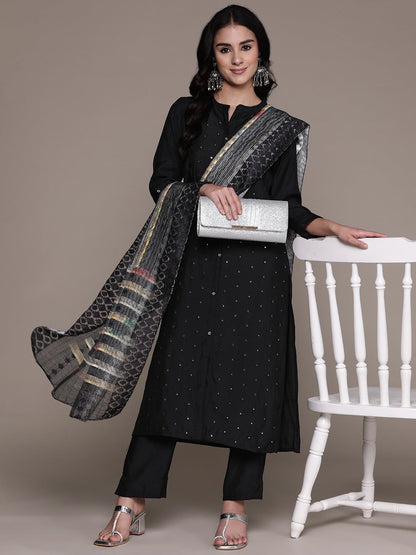 Straight Style Silk Fabric Black Color Kurta With Bottom And Dupatta