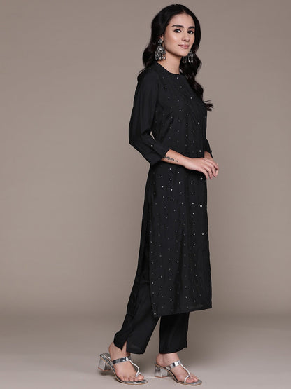 Straight Style Silk Fabric Black Color Kurta With Bottom And Dupatta