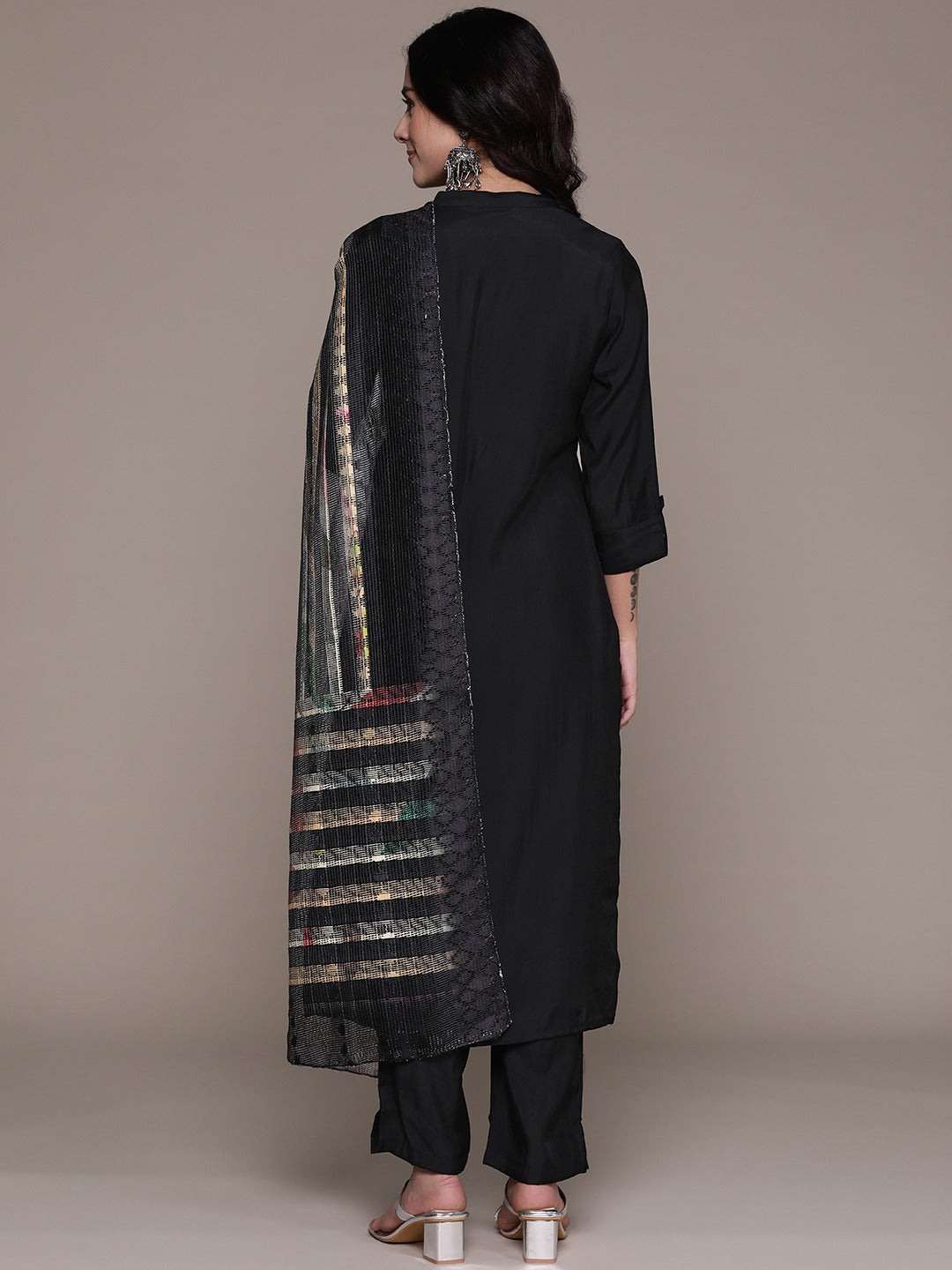Straight Style Silk Fabric Black Color Kurta With Bottom And Dupatta