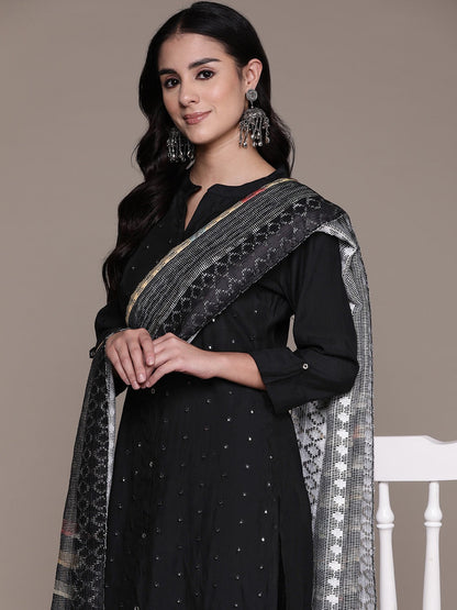 Straight Style Silk Fabric Black Color Kurta With Bottom And Dupatta