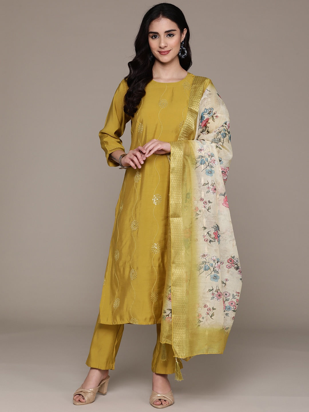 Straight Style Silk Fabric Mustard Color Kurta With Bottom And Dupatta