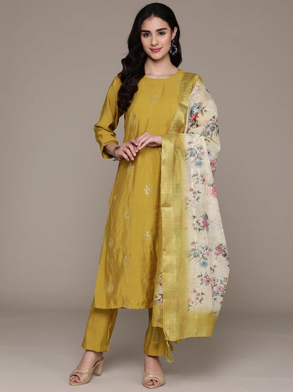 Straight Style Silk Fabric Mustard Color Kurta With Bottom And Dupatta