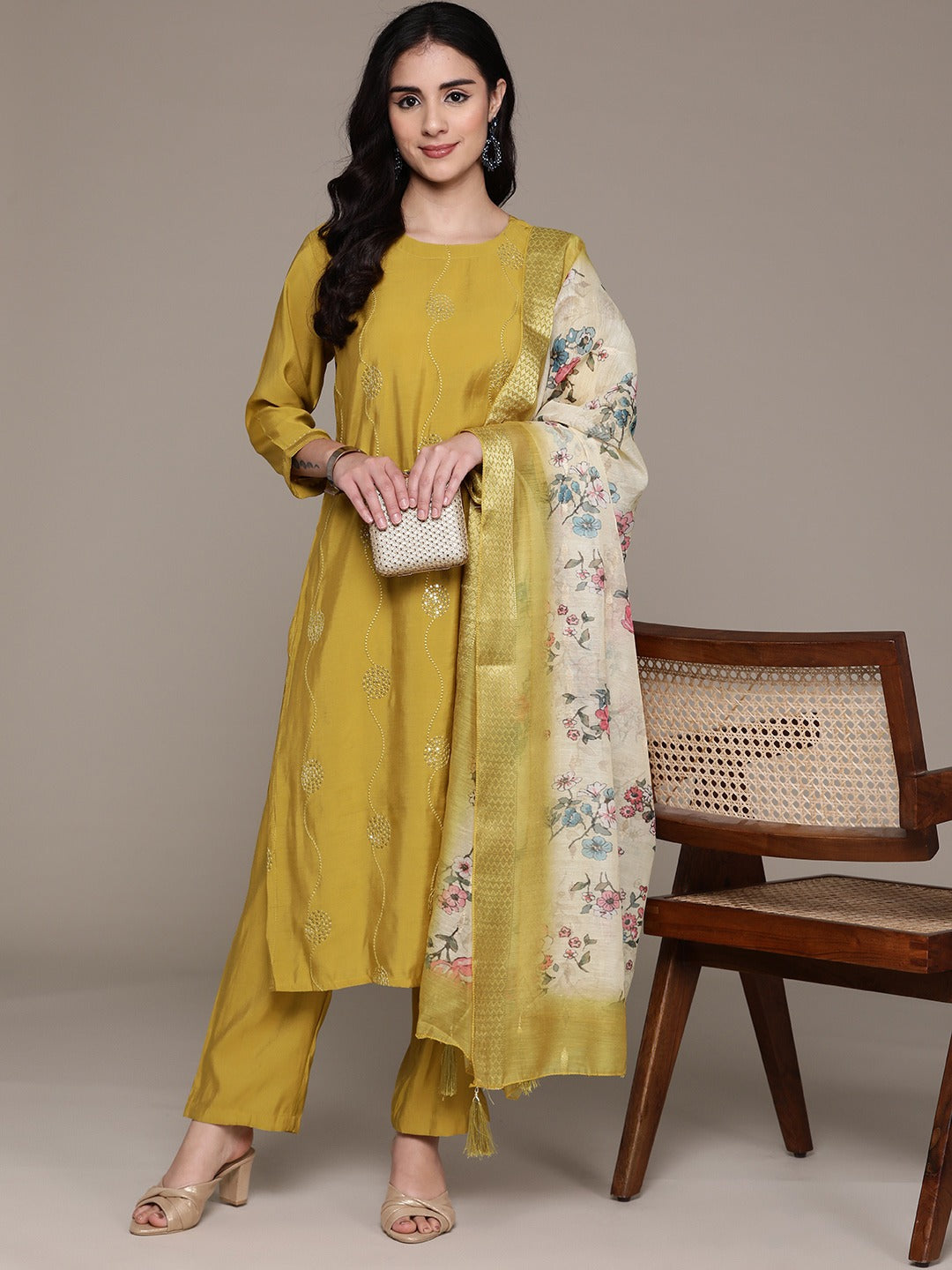 Straight Style Silk Fabric Mustard Color Kurta With Bottom And Dupatta