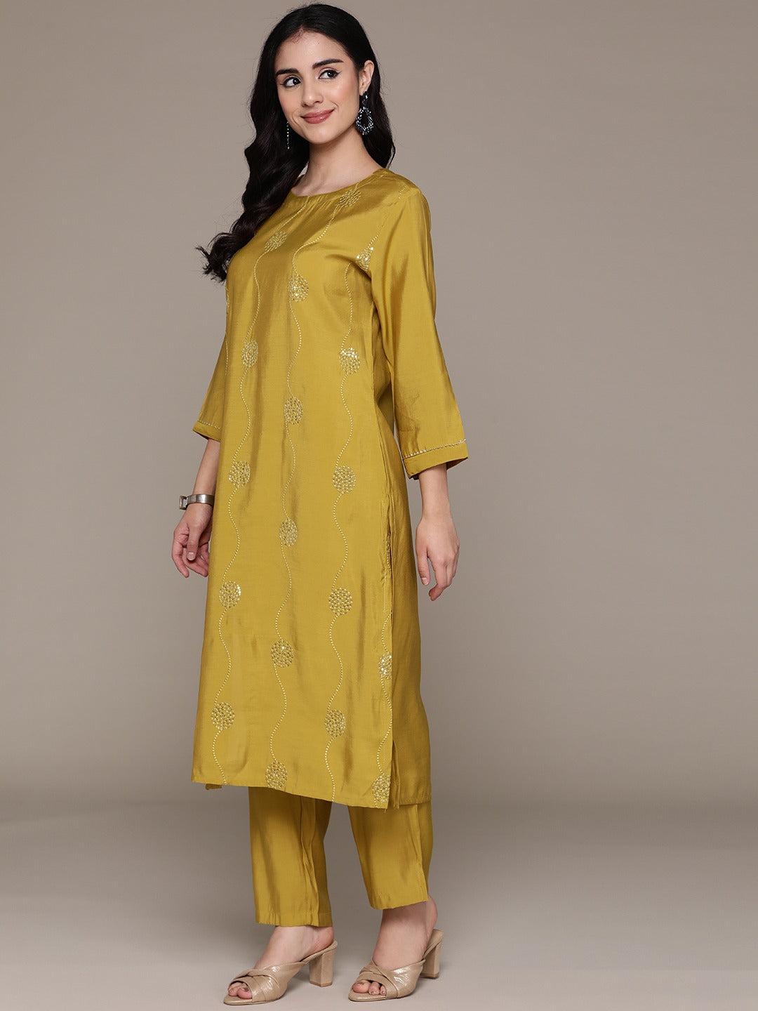Straight Style Silk Fabric Mustard Color Kurta With Bottom And Dupatta
