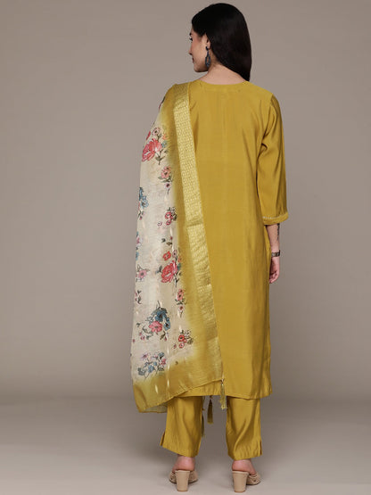 Straight Style Silk Fabric Mustard Color Kurta With Bottom And Dupatta