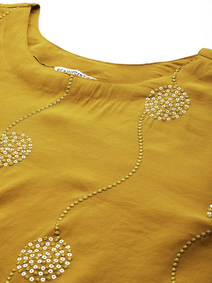 Straight Style Silk Fabric Mustard Color Kurta With Bottom And Dupatta