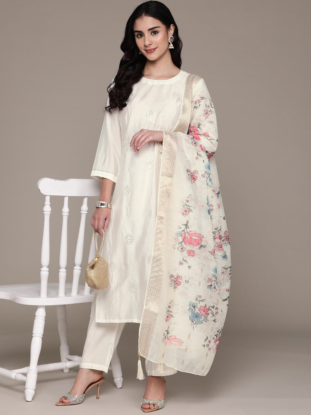 Straight Style Silk Fabric White Color Kurta With Bottom And Dupatta