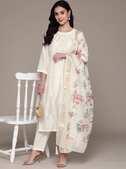Straight Style Silk Fabric White Color Kurta With Bottom And Dupatta