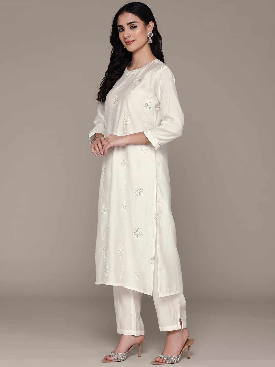 Straight Style Silk Fabric White Color Kurta With Bottom And Dupatta