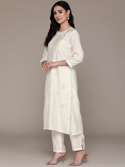 Straight Style Silk Fabric White Color Kurta With Bottom And Dupatta