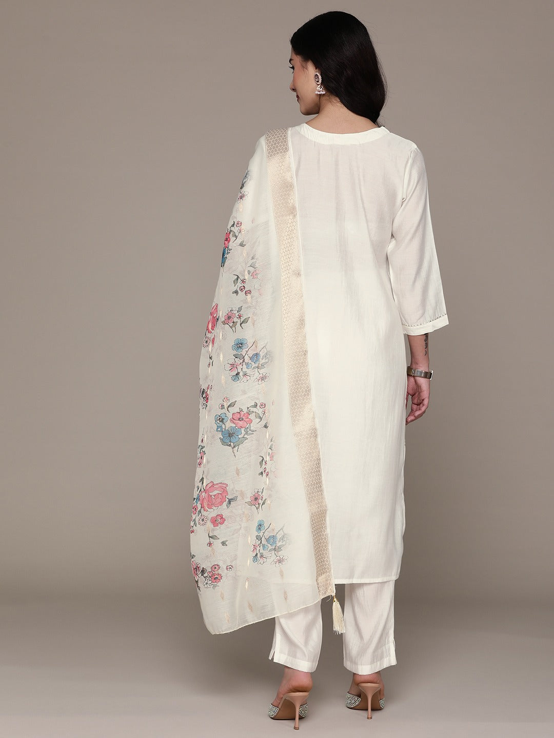 Straight Style Silk Fabric White Color Kurta With Bottom And Dupatta